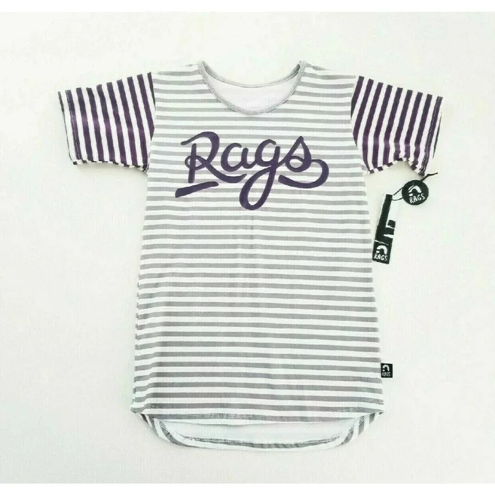 Rags to Raches Tee Kids 9/10 Grey NWT Striped Contrast Sleeve Logo Short Sleeve
